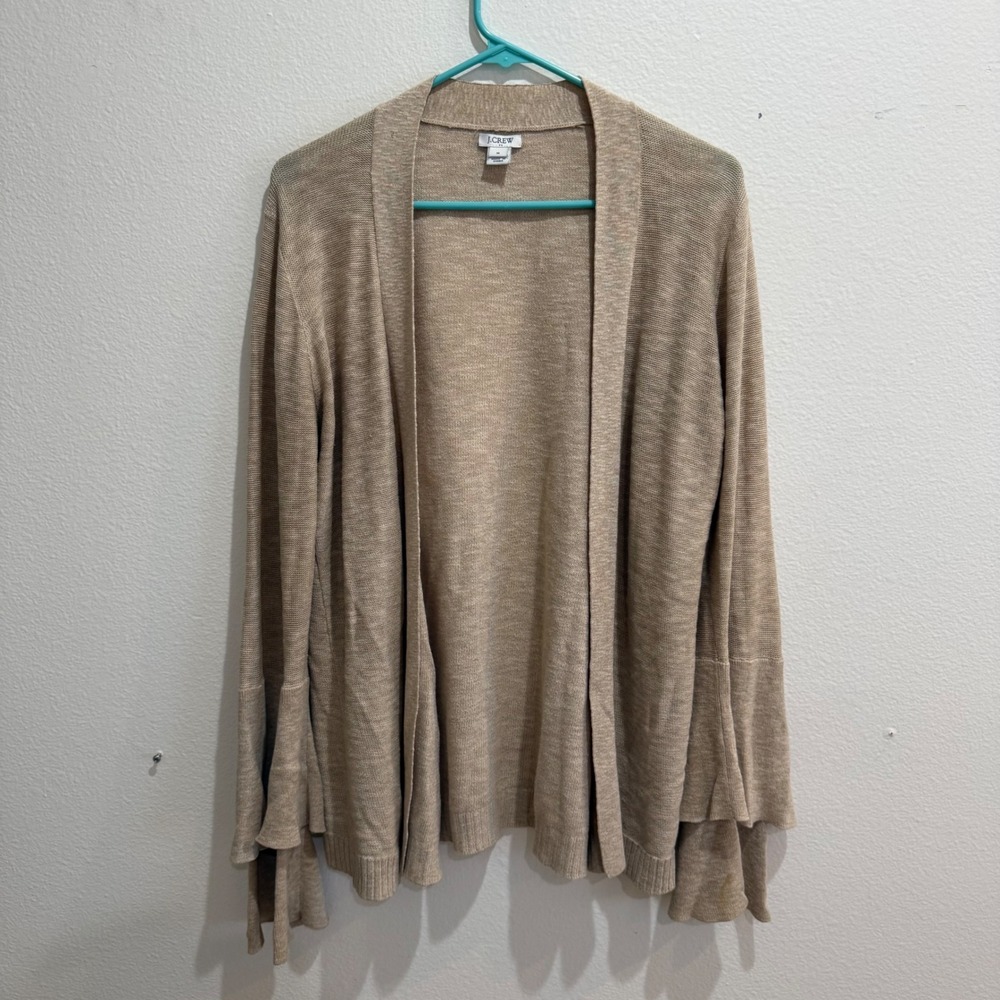 J.Crew Womens Tan Marl Open Front Cardigan Tiered Ruffle Cuffs Medium RN77388